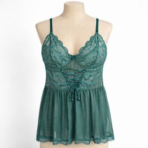 Y2K Floral Lace Fairy Sheer Mesh Babydoll Top Sz L Green Lingerie Chemise Corset
